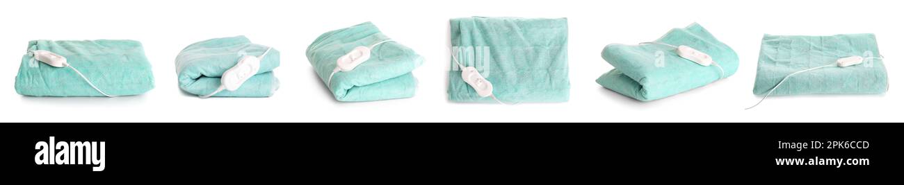 Collage de drap de lit de chauffage électrique turquoise sur fond blanc Banque D'Images