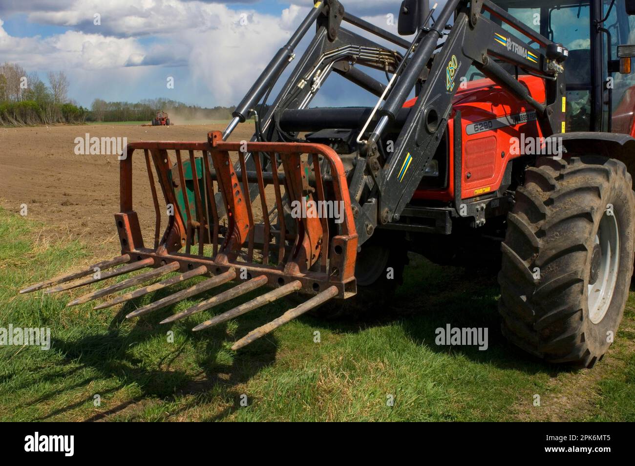 Tracteur Massey Ferguson 6290, gros plan des fourches du chargeur frontal, Suède Banque D'Images