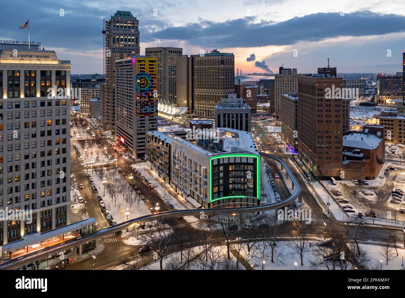 Detroit, Michigan, centre-ville de Detroit après le coucher du soleil Banque D'Images