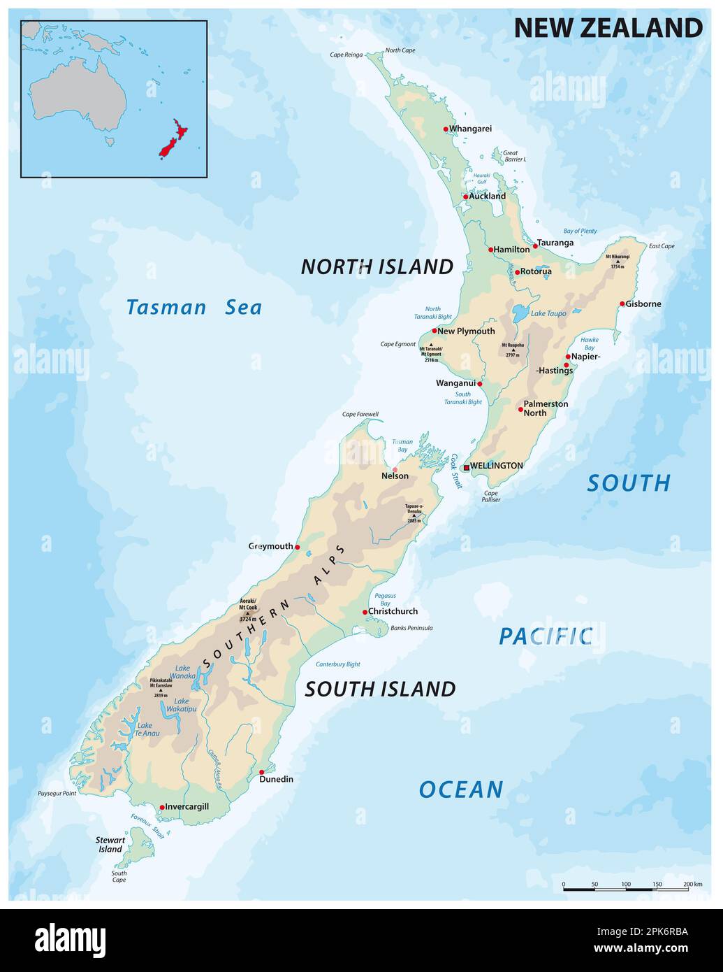 Carte vectorielle physique de la nation insulaire de la Nouvelle-Zélande Banque D'Images