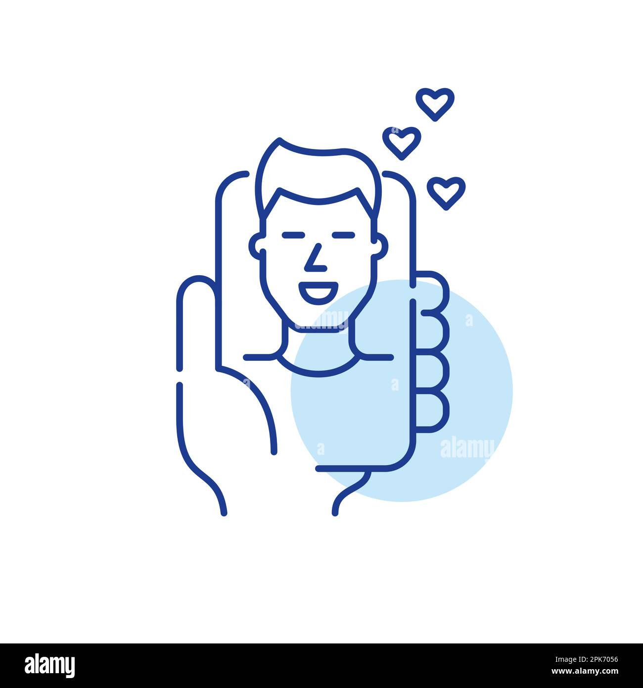 Guy recevant des J'aime de l'application de datation. Profil utilisateur masculin. Main tenant le smartphone. Icône de ligne de contour pixel Perfect, modifiable Illustration de Vecteur