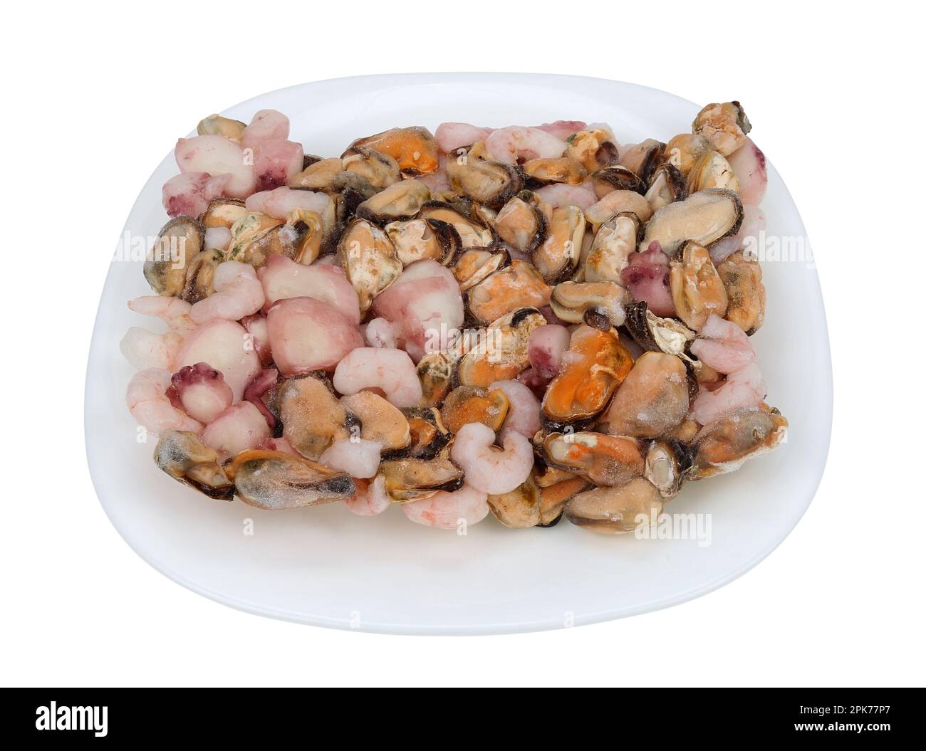 Cocktail de crevettes, poulpes, calmars et moules congelés isolés. Isolé sur blanc Banque D'Images