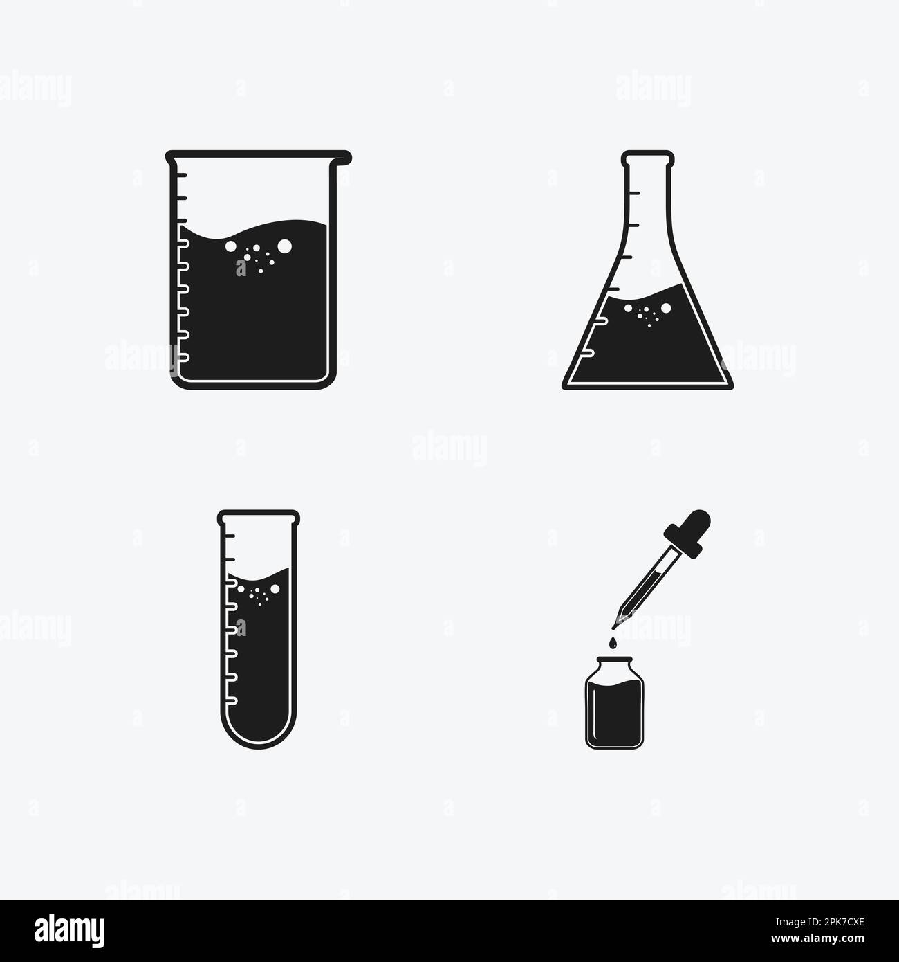 Icônes d'équipement de laboratoire avec symbole bécher, flacon, pipette et tube à essai. Illustration du symbole EPS vectoriel modifiable. Illustration de Vecteur