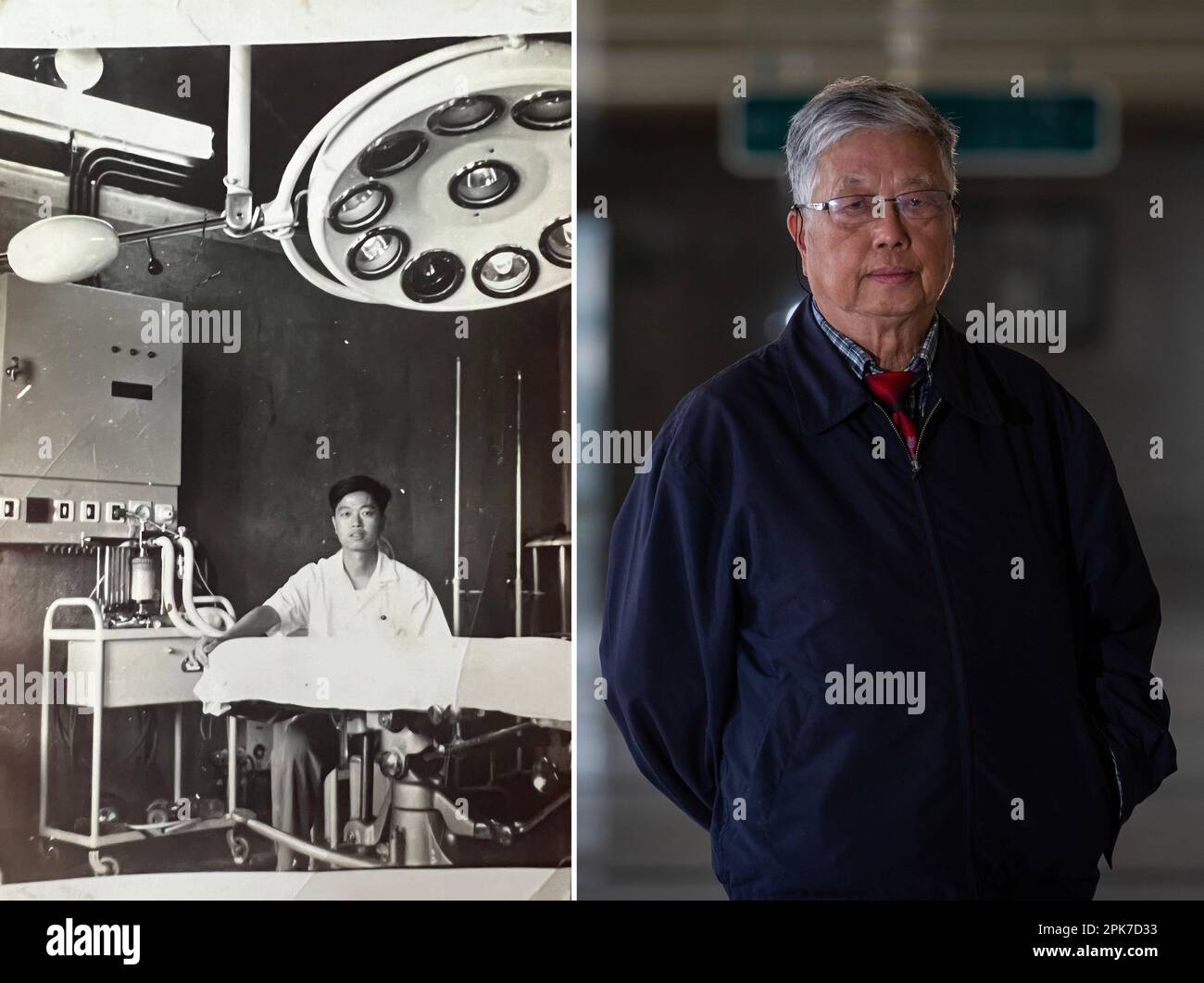 Alger. 14th mars 2023. Cette photo combinée montre une copie de Xue Jin dans un hôpital d'Algérie le 26 août 1967 (L) et Xue Jin posant pour une photo à l'hôpital de cancer de Hubei à Wuhan, dans la province de Hubei, dans le centre de la Chine, sur 14 mars 2023 (R). En 1965, Xue Jin, chirurgien âgé de 29 ans au deuxième hôpital du Hubei Medical College, est devenu le plus jeune membre d'une équipe médicale chinoise envoyée pour aider un hôpital de Saida, une ville du nord-ouest de l'Algérie. Crédit : Rao Rao/Xinhua/Alay Live News Banque D'Images