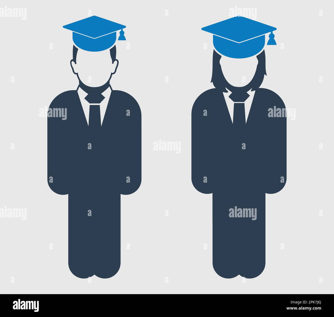 Icône couple étudiant diplômé. Symbole Homme et Femme debout sur fond gris. Illustration de Vecteur