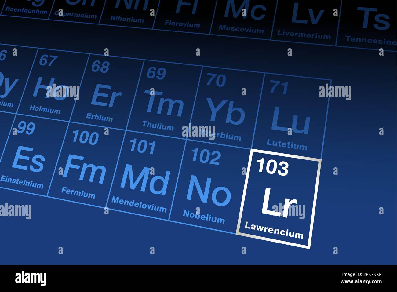 Lawrencium sur le tableau périodique. Élément métallique transuranique radioactif dans la série des actinides, avec le numéro atomique 103 et le symbole LR. Banque D'Images