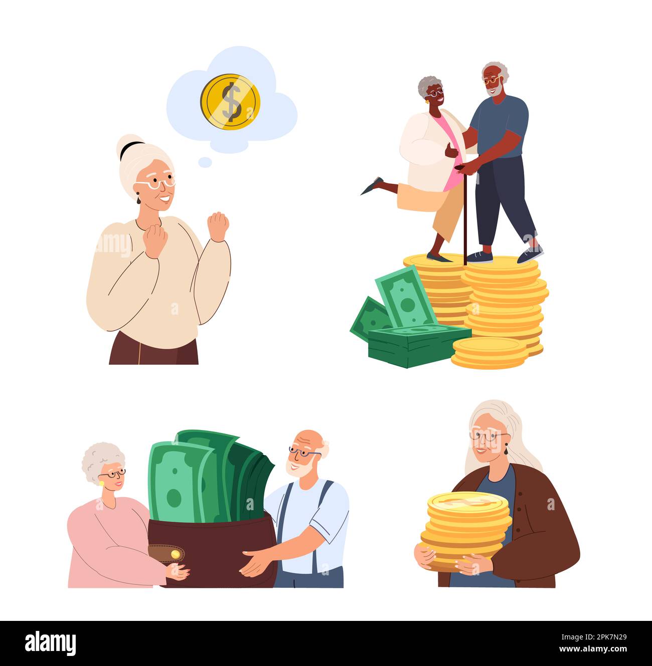 Couples senior pensionnés, seuls les personnages féminins ont un portefeuille énorme avec de l'argent, des billets verts, des notes.concept de richesse financière, des retenues de pension, des économies, Banque D'Images