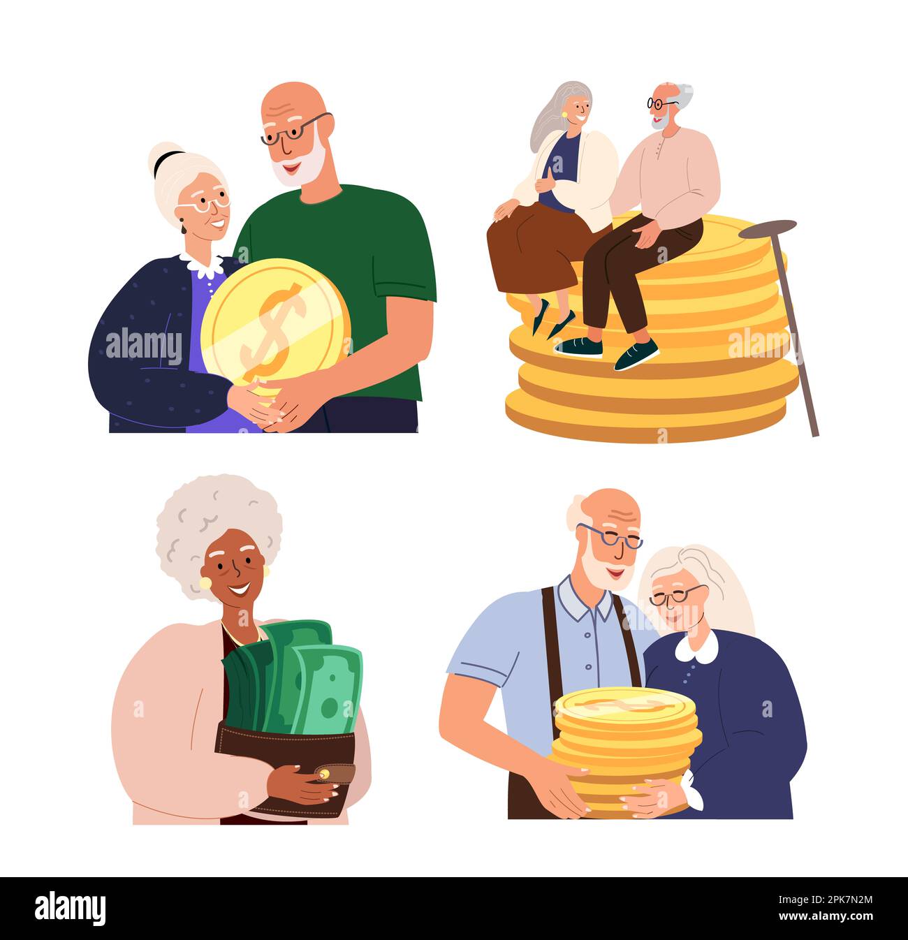 Couples senior pensionnés, seuls les personnages féminins ont un portefeuille énorme avec de l'argent, des billets verts, des notes.concept de richesse financière, des retenues de pension, des économies, Banque D'Images