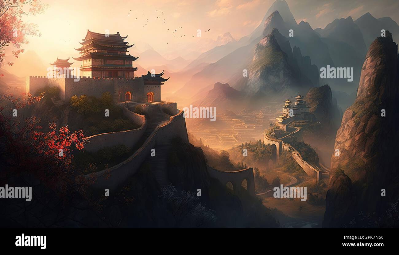 Cette photo illustre un magnifique paysage oriental peint sur une toile de style art nouveau Banque D'Images