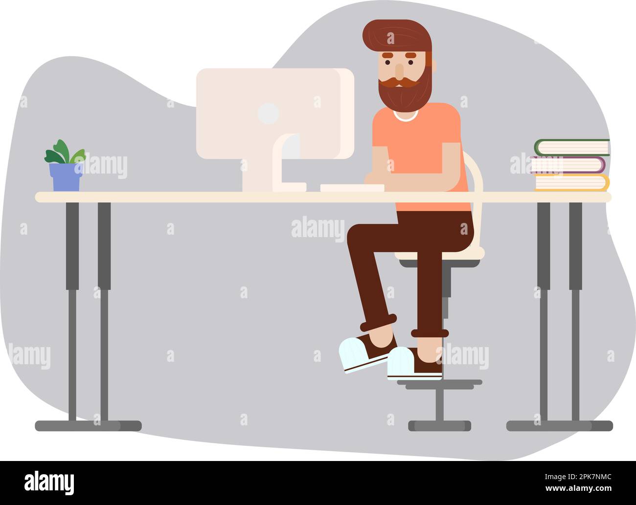 Jeune homme assis au bureau et utilisant le clavier et le PC. Office Manager ou Freelancer chez Home for Business Infographics. Illustration vectorielle Illustration de Vecteur