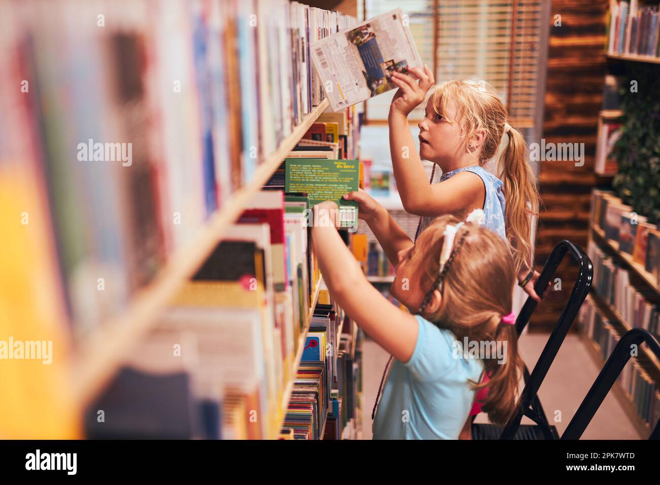 Écolières à la recherche de livres dans la bibliothèque de l'école. Étudiants choisissant des livres de jeu. L'éducation élémentaire. Faire des devoirs. Apprendre à partir de livres. Retour à la goélette Banque D'Images