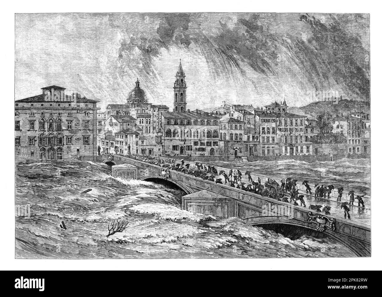 Une esquisse par E W Cooke de la rivière Arno en crue à l'hiver 1864, comme il coule sous le Ponte alla Carraia, le deuxième pont à être construit à Florence, en Italie. Il a été détruit à la fin de la Seconde Guerre mondiale et reconstruit avec soin le plus proche possible de son état précédent, mais quand le pont a été rouvert en 1952, les citoyens ont critiqué sa courbe particulièrement accentuée, la surnommant Ponte Gobbo (hunchback). Banque D'Images