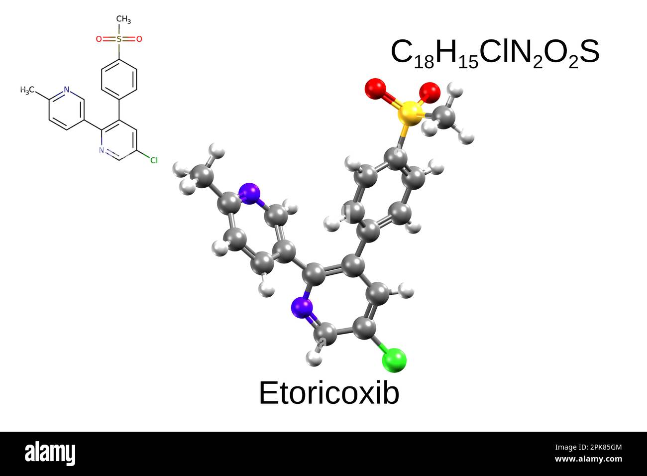 Formule chimique, formule structurale et modèle à bille et à bâton 3D de l'étoricoxib, un inhibiteur sélectif de la COX-2, fond blanc Banque D'Images