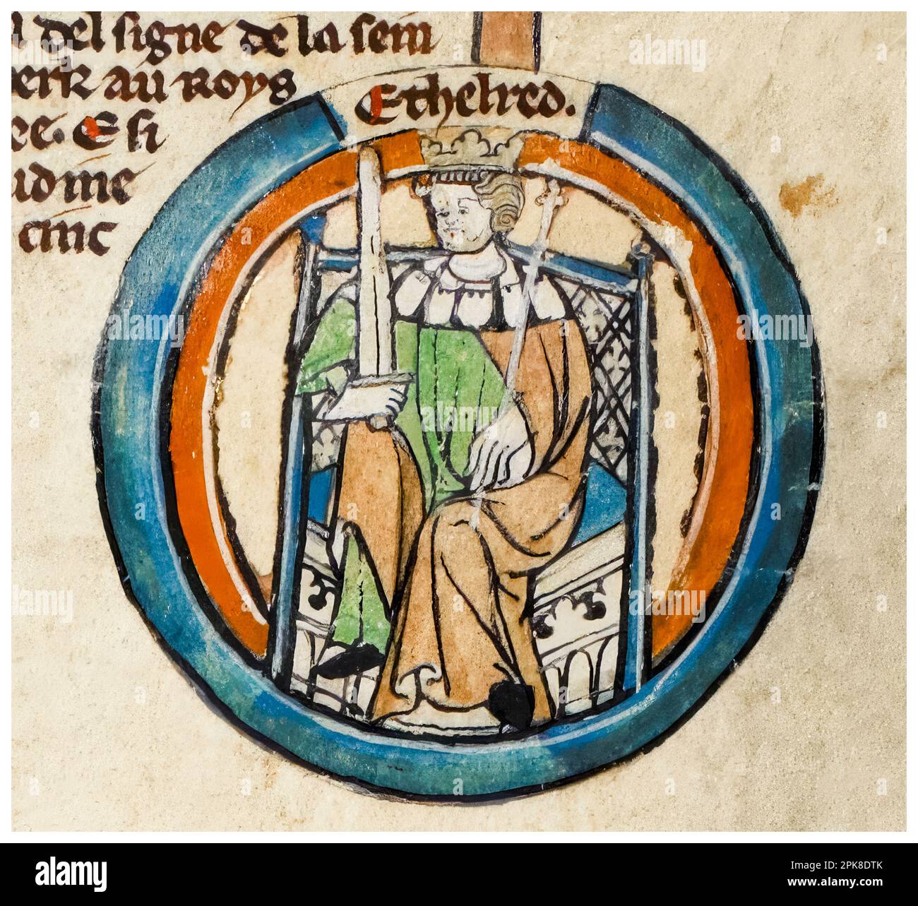 Aethelred I (845/848-871), roi de Wessex (865-871), tableau manuscrit lumineux, avant 1399 Banque D'Images