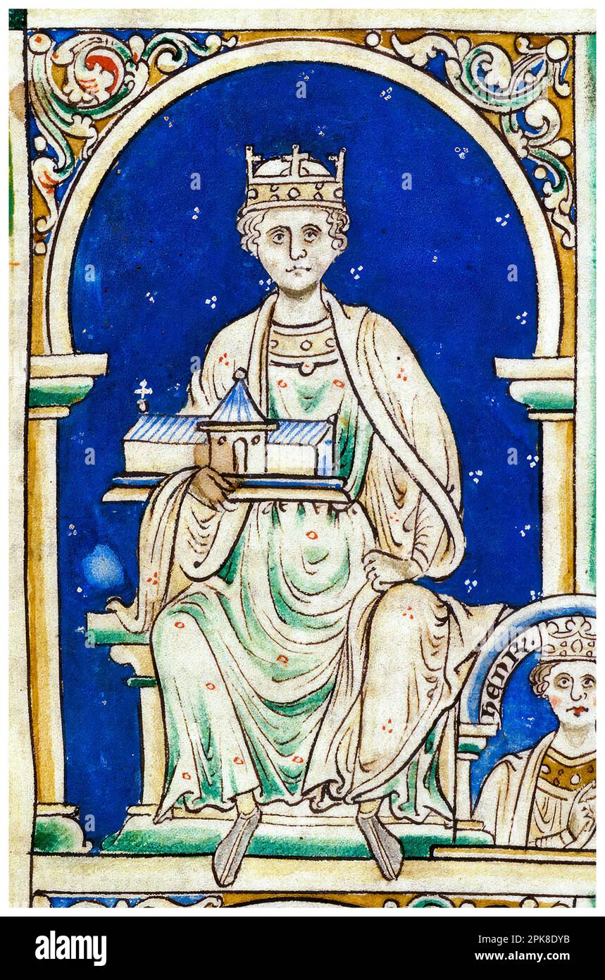 Henry II d'Angleterre (1133-1189), roi d'Angleterre (1154-1189), tenant Waltham Abbey, portrait manuscrit illuminé de Matthew Paris vers 1250-1259 Banque D'Images