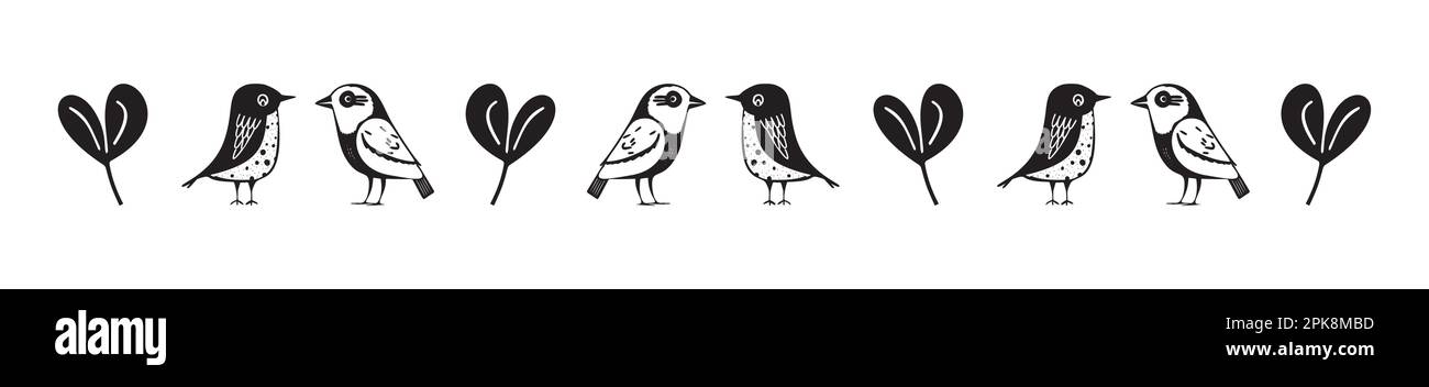 Bordure d'oiseau monochrome, bordure de bordure de la faune pour bande linéaire botanique. Illustration de Vecteur