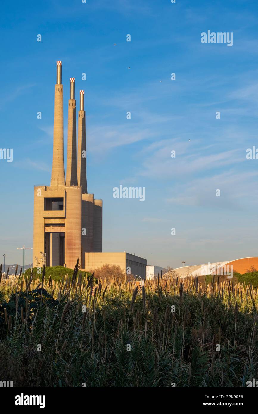 Cheminées d'une ancienne centrale thermique de Sant Adria de Besos dans la zone métropolitaine de Barcelone en Espagne Banque D'Images