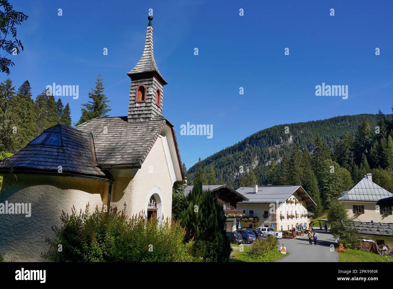 Autriche, province de Salzbourg, Pinzgau, Hirschbichlpass, frontière Allemagne-Autriche, Hirschbichl inn, chapelle Banque D'Images Autriche, province de Salzbourg, Pinzgau, Hirschbichlpass, frontière Allemagne-Autriche, Hirschbichl inn, chapelle Banque D'Images