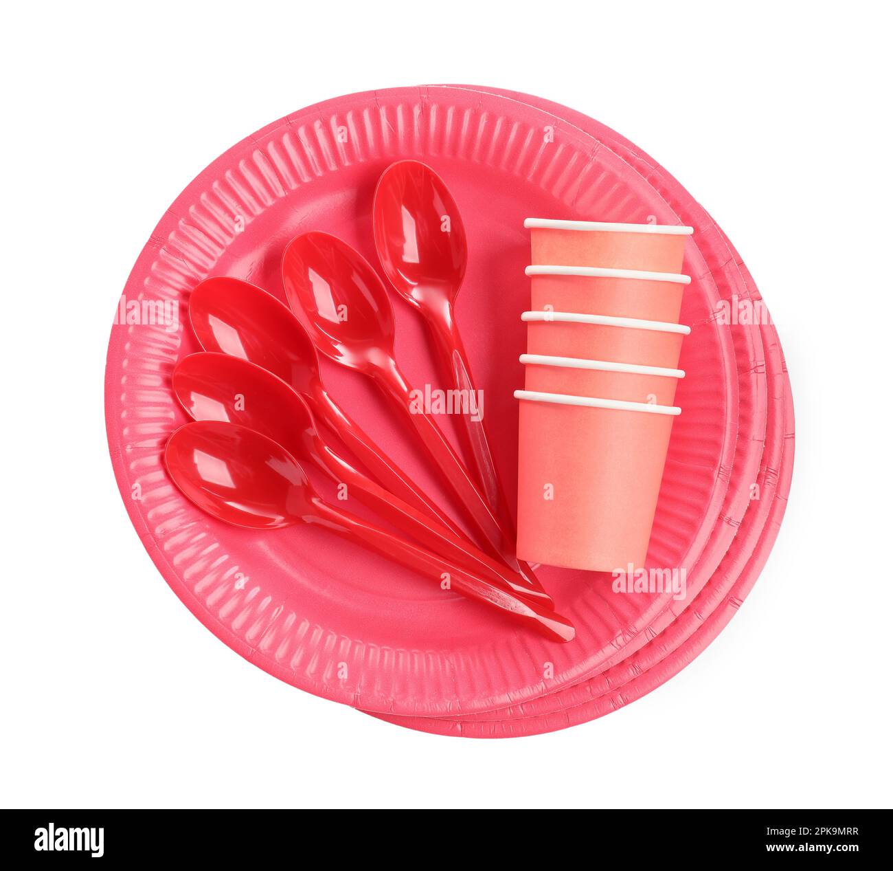 Ensemble de vaisselle jetable lumineuse sur fond blanc, vue du dessus Photo  Stock - Alamy
