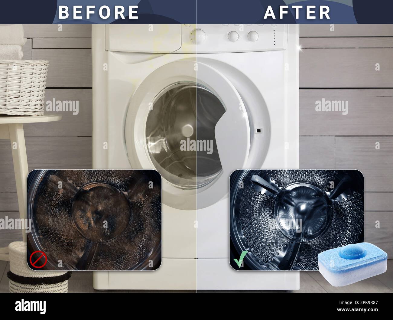 Tambour du lave-linge avant et après l'utilisation de la tablette  adoucisseur d'eau Photo Stock - Alamy
