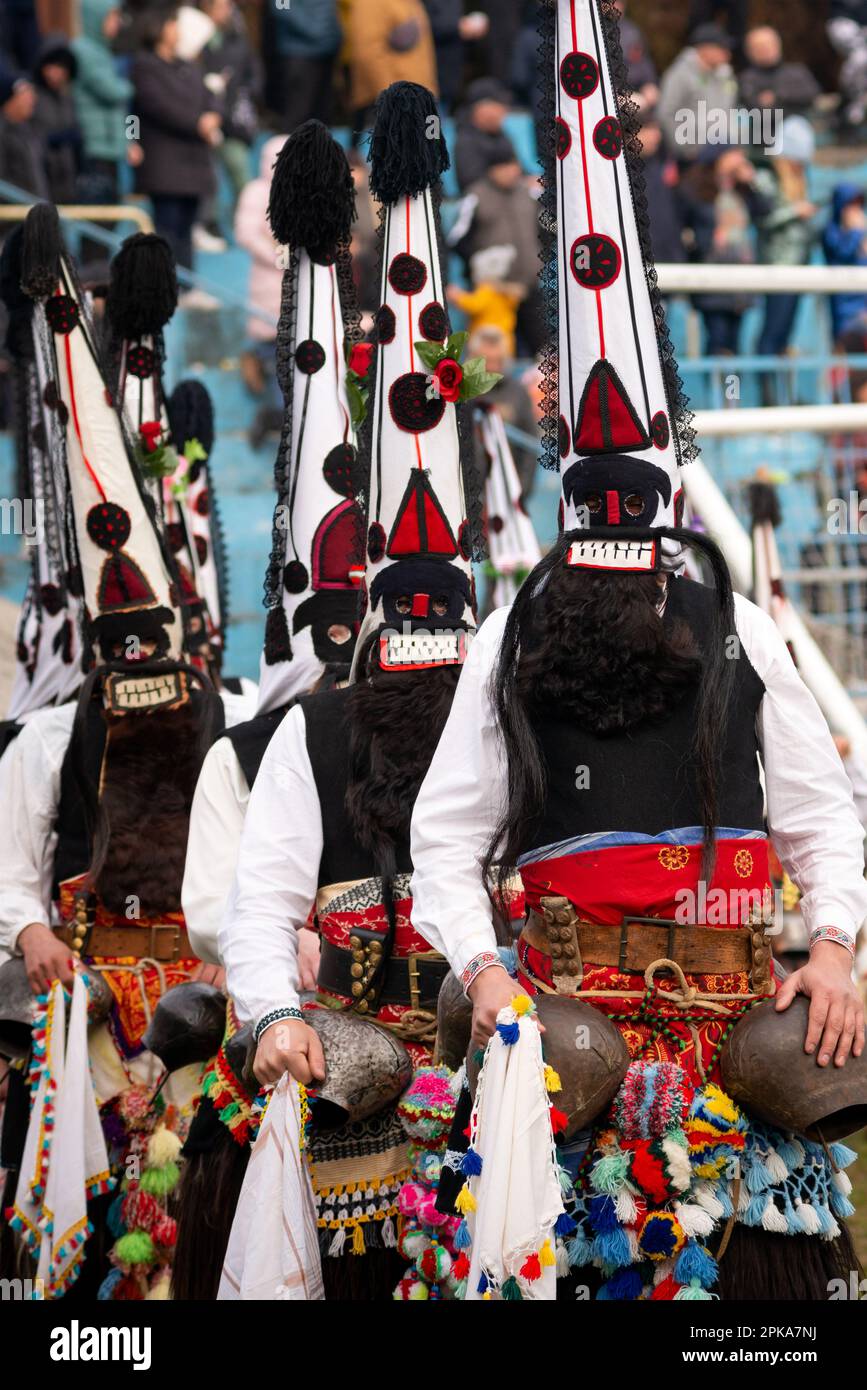 Danseuses kukeri du centre de la Bulgarie avec des costumes complexes, des cloches et des grands masques lors du festival annuel d'hiver Simitlia à Simitli, Bulgarie, Europe Banque D'Images