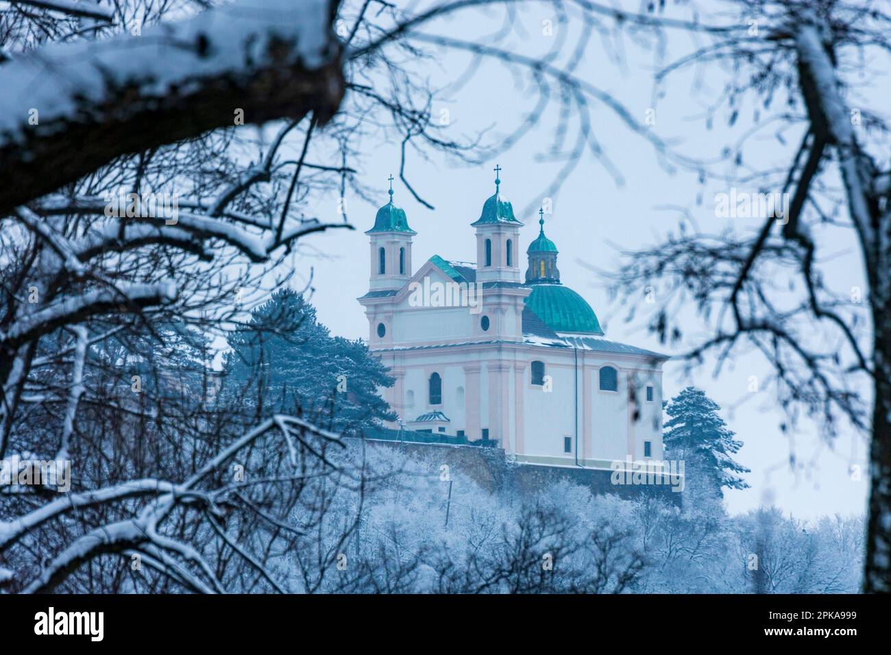 Vienne, église Leopoldskirche sur la montagne Leopoldsberg, neige sur les branches d'arbres en 19. Döbling, Autriche Banque D'Images