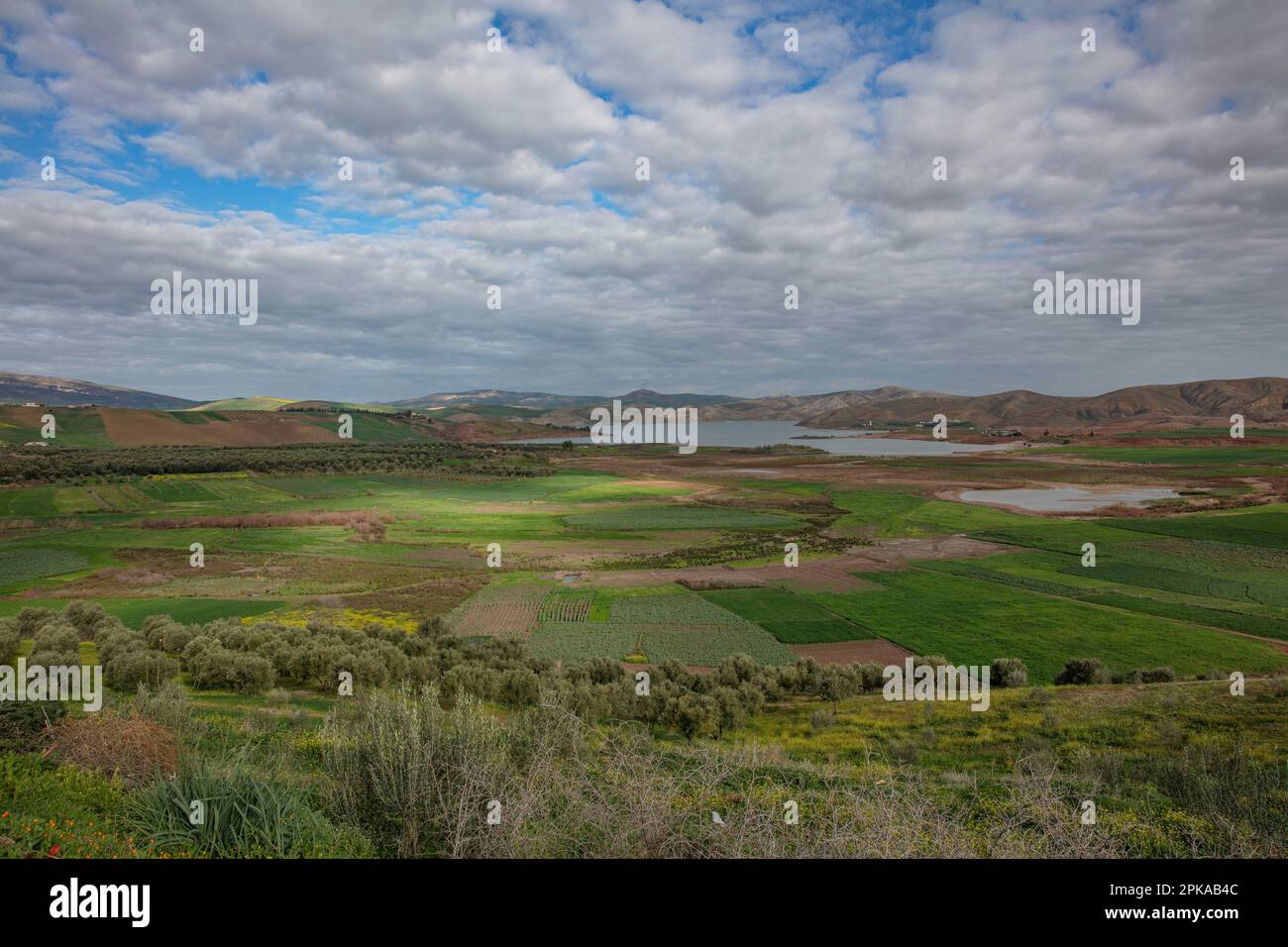 Maroc, Jorf El Melha, Lac barrage Al Wahda, montagnes du Moyen Atlas Banque D'Images