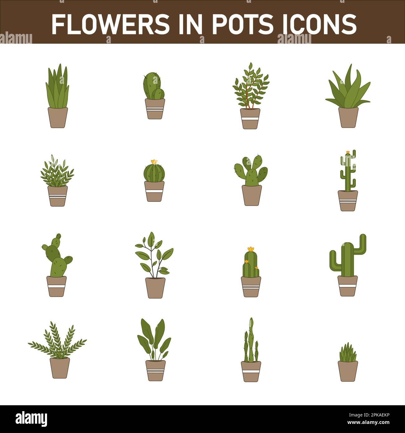 Collection d'icônes plates multicolores sur le sujet: Fleurs en pots. Isolé sur fond blanc. Banque D'Images