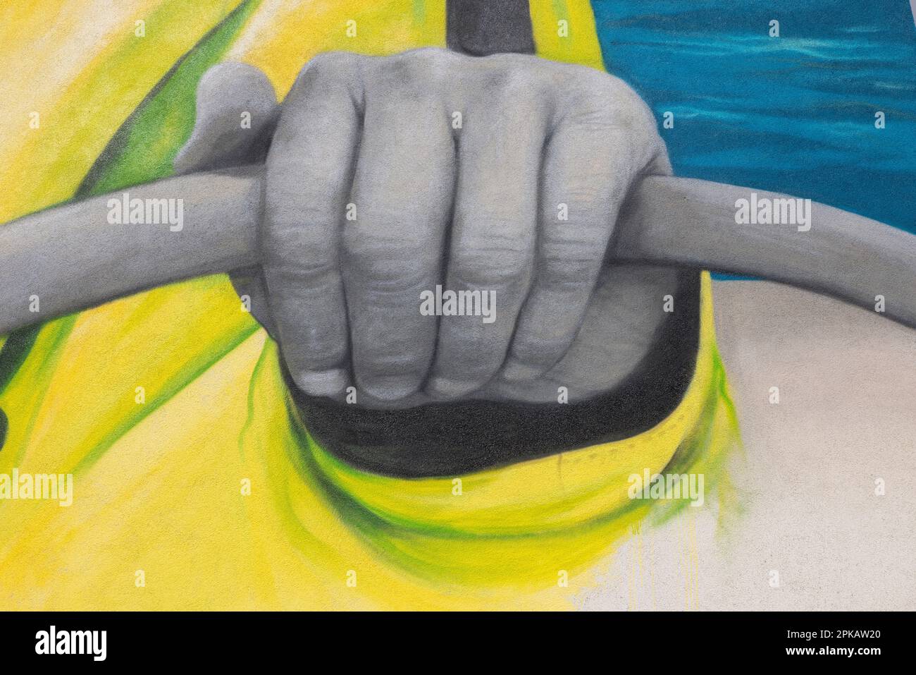 Fresque 'Poetry Sailor' de l'artiste français Zabou, détail, voile main sur le volant, Rheinstraße, Wilhelmshaven, Basse-Saxe, Allemagne. Banque D'Images