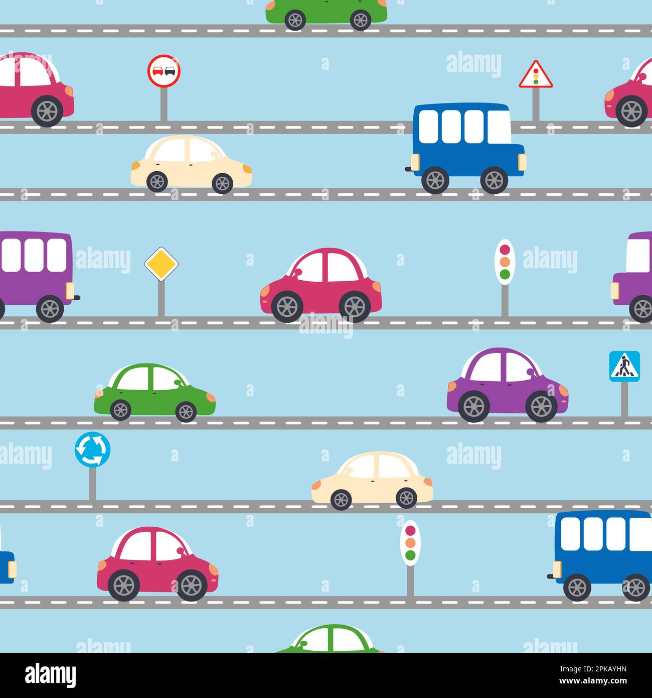 Voitures, bus, trains, maisons et routes, ville sans couture modèle puérile. Des illustrations mignonnes pour le design de la chambre des enfants, des cartes postales, des vêtements Illustration de Vecteur