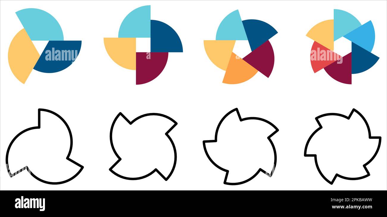 Cercle divisé en segments égaux pivotés et décalés du centre - version de trois à six pièces, peut être utilisé comme élément infographique Illustration de Vecteur