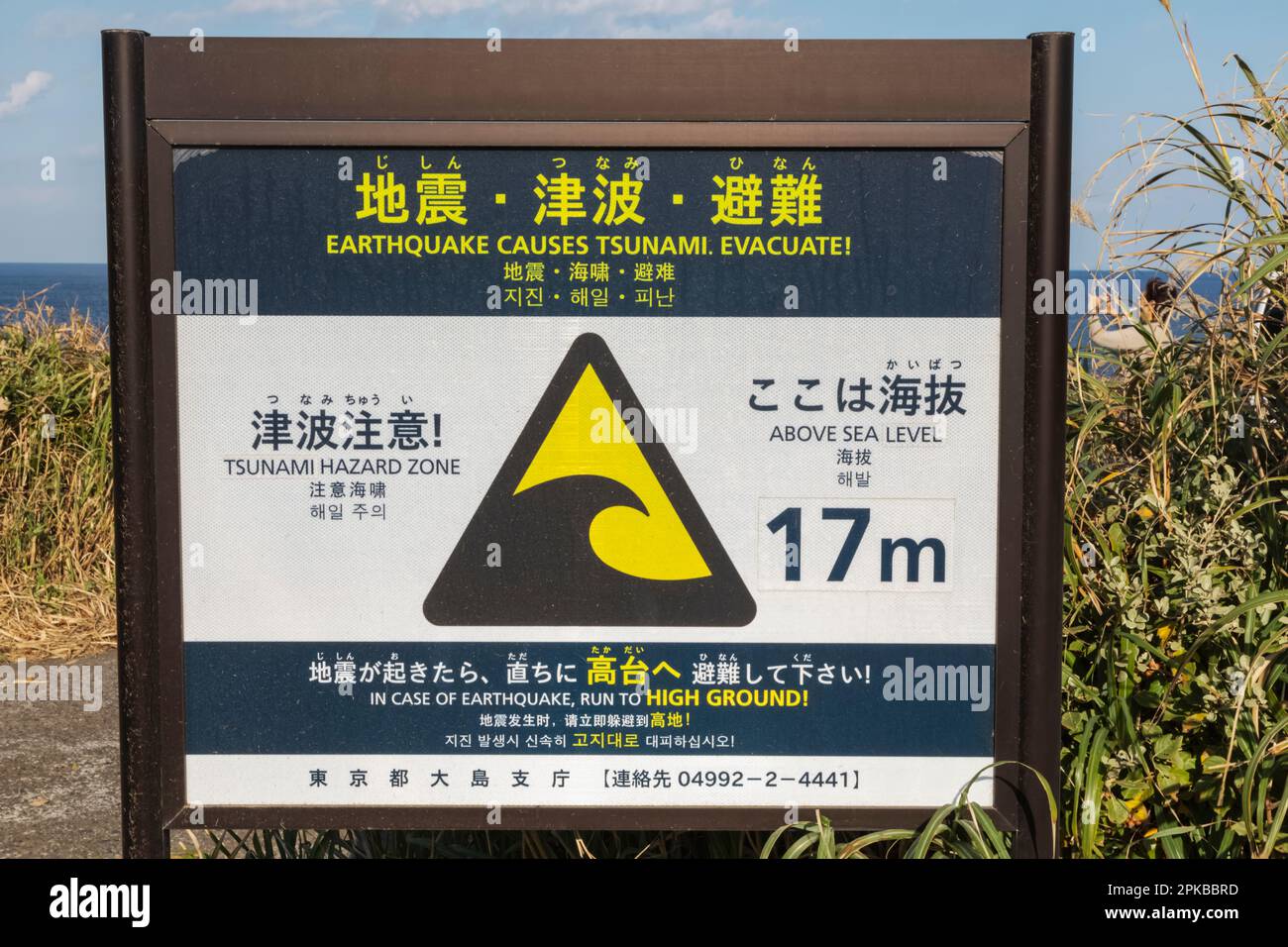 Japon, Honshu, île Izu-Oshima, panneau d'avertissement bilingue de tsunami Banque D'Images