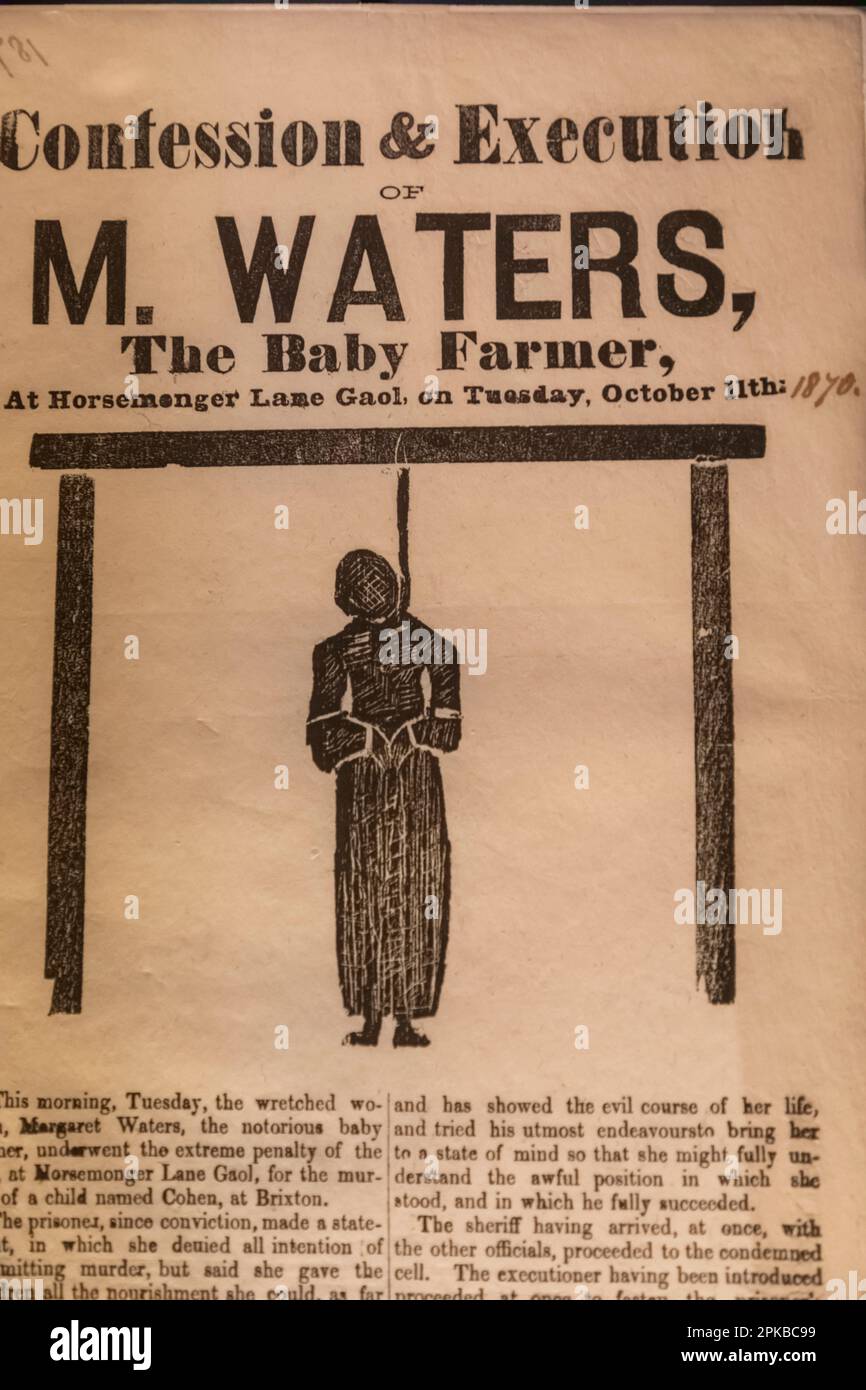 Angleterre, Londres, page de diffusion historique Baby Farmer en date de 1870, faisant état de la peine prononcée à mort de Margaret Waters pour le meurtre d'un bébé à sa charge Banque D'Images