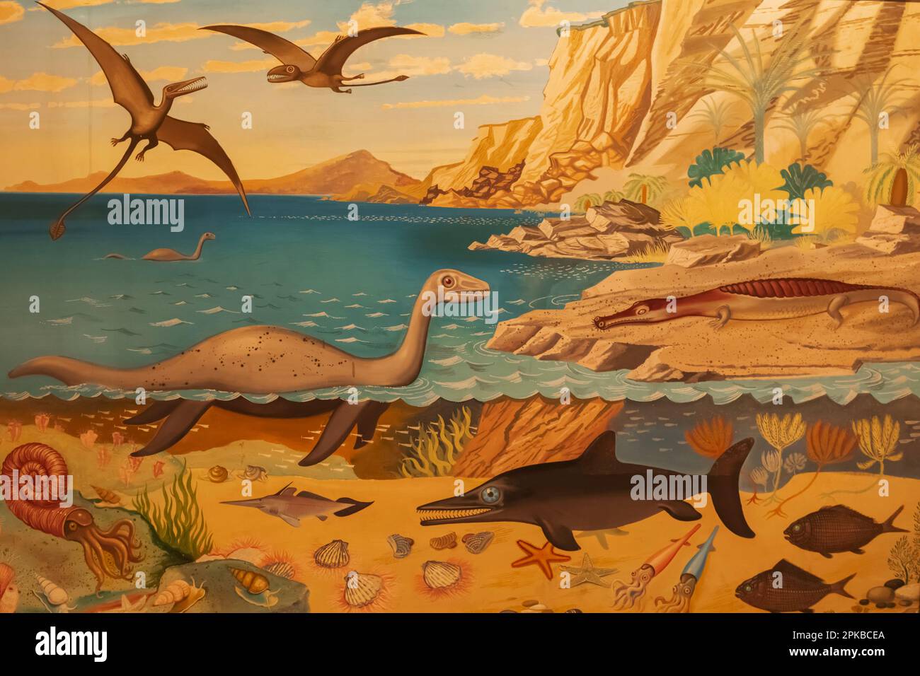 Angleterre, Dorset, Dorchester, Dorset Museum, peinture murale représentant la scène historique de la côte jurassique Banque D'Images