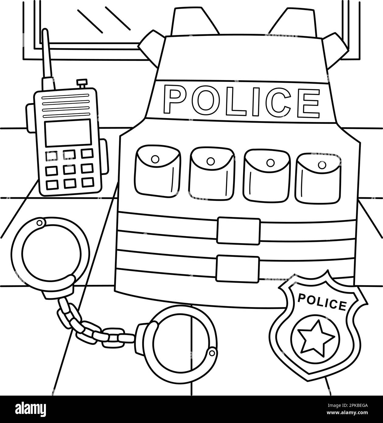 Page de coloriage de l'équipement des policiers pour les enfants Illustration de Vecteur