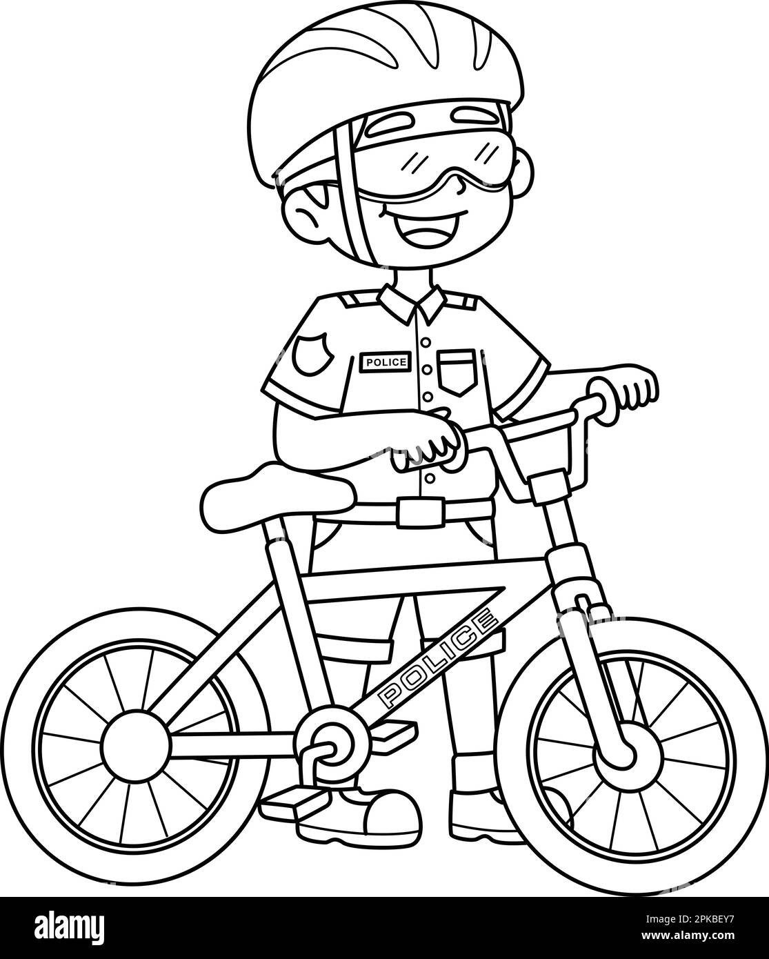 Police avec une page de coloriage isolée de vélo Illustration de Vecteur