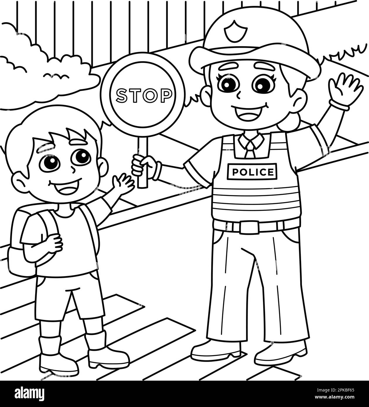 Police Traffic Officer aider un enfant coloriage page Illustration de Vecteur