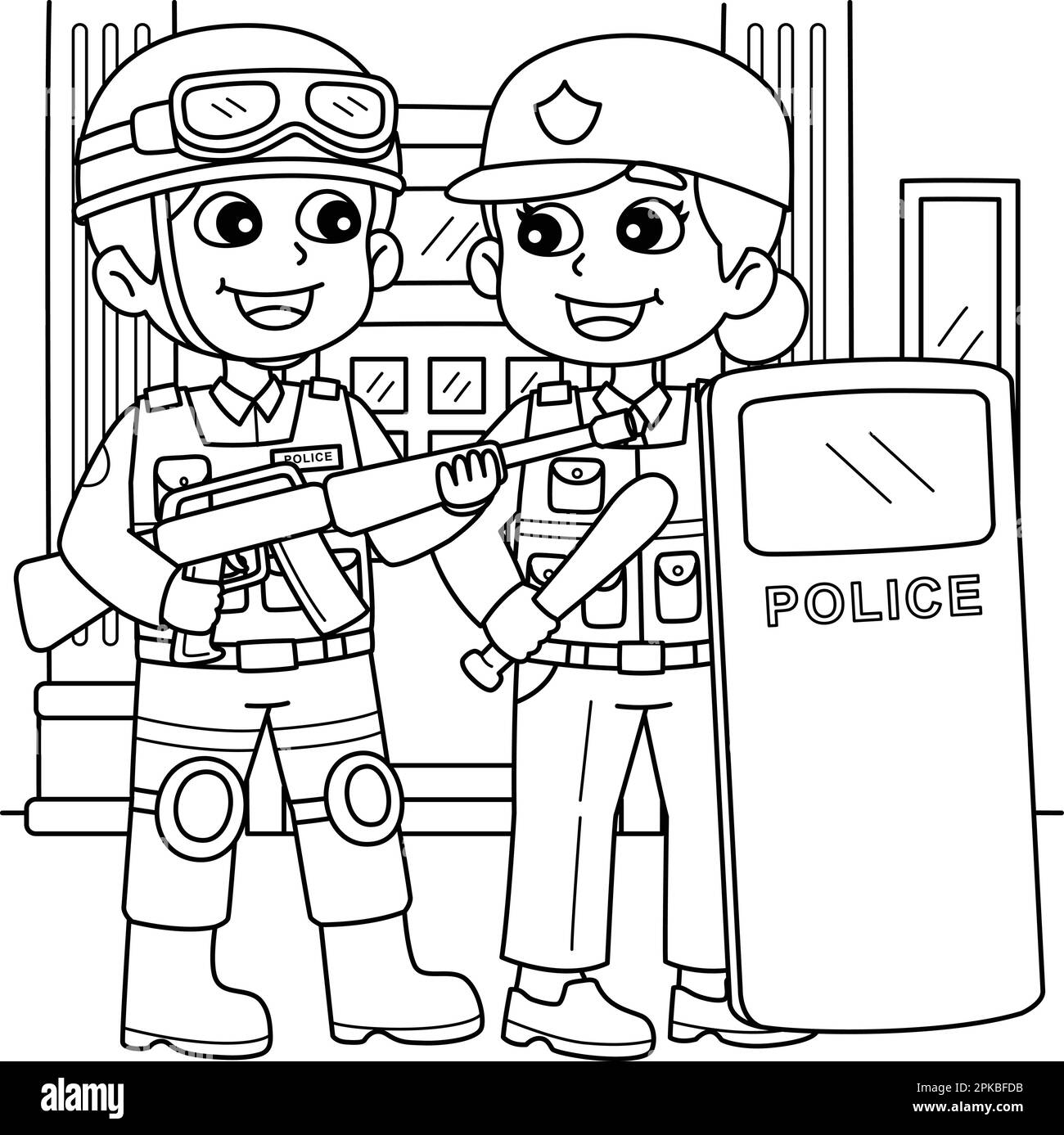 Policier avec page de coloriage de l'équipement complet Illustration de Vecteur