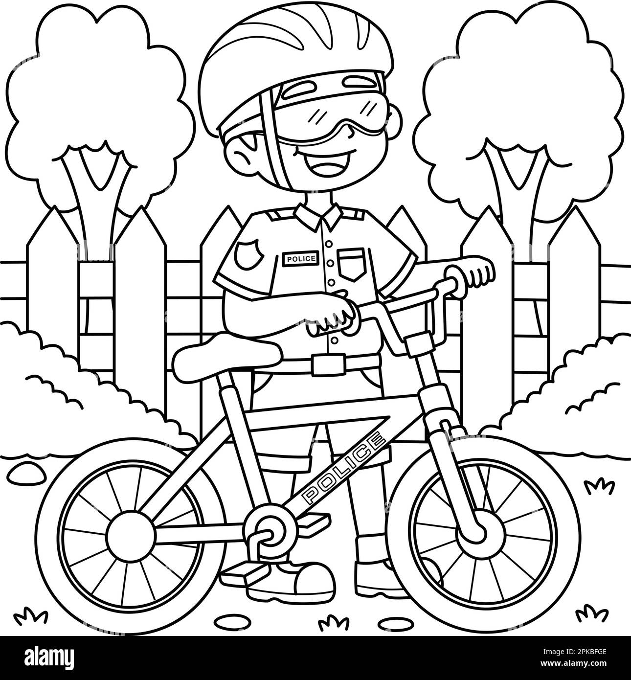 Policier avec une page de coloriage de vélo pour les enfants Illustration de Vecteur