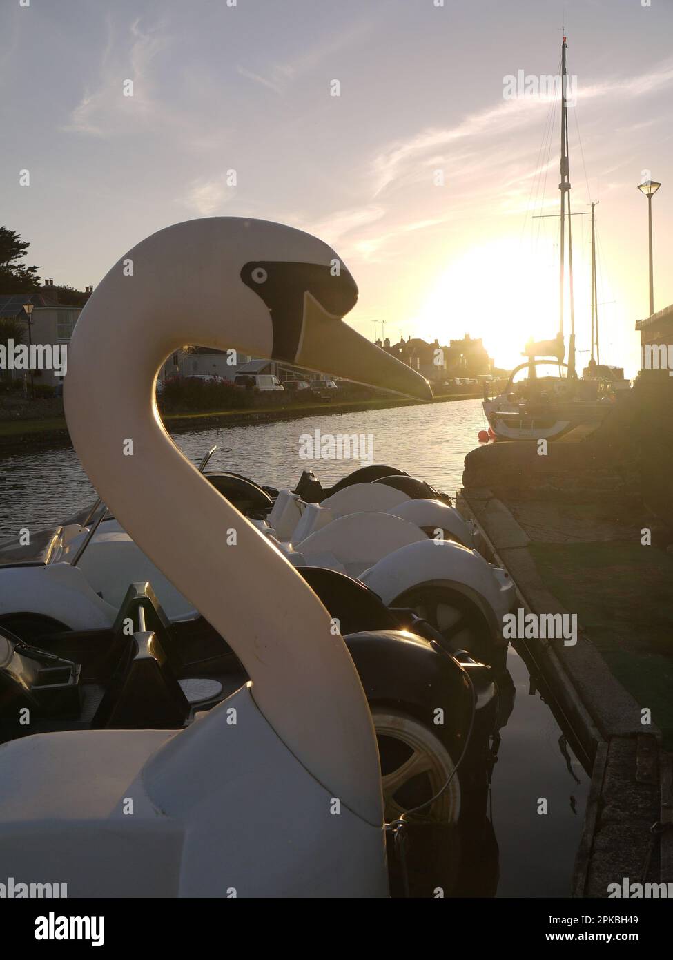 Photo verticale du coucher du soleil derrière un pédalo de cygne blanc sur le canal de Bude, à Bude, en Cornouailles, au Royaume-Uni Banque D'Images