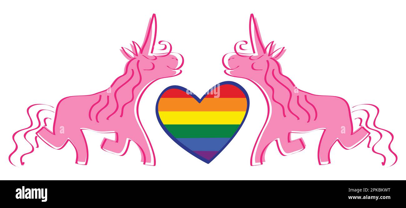 Deux licornes roses avec un drapeau de fierté de coeur LGBT au milieu Banque D'Images