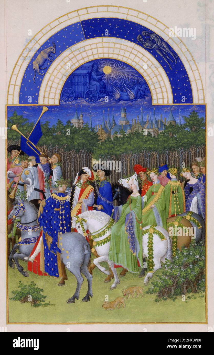 Très riches heures du duc de Berry Folio 5, verso: Mai entre 1412 et 1416 par les frères Limbourg Banque D'Images
