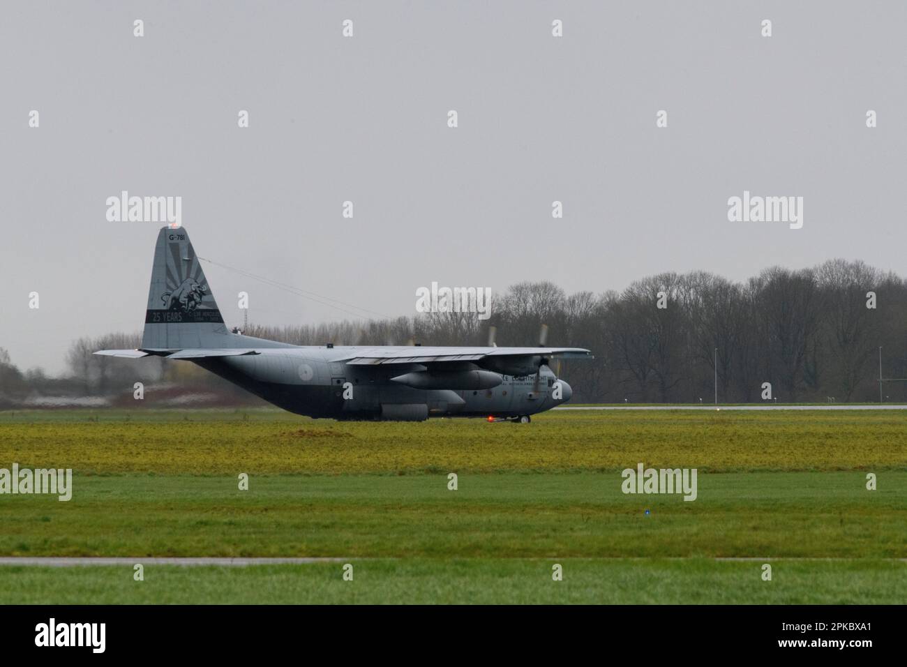 Un avion Hercules C-130-H des Black Bulls, le 336th Escadron de la Royal Netherlands Air Force effectue les opérations de la zone d'atterrissage, en collaboration avec le 424th Escadron de la base aérienne des États-Unis Air Force, lors de l'opération Orange Bull 2023 sur la base aérienne de Chièvres, Belgique, 14 mars 2023. (É.-U. Photo de l'armée par Pierre-Etienne Courtejoie) Banque D'Images