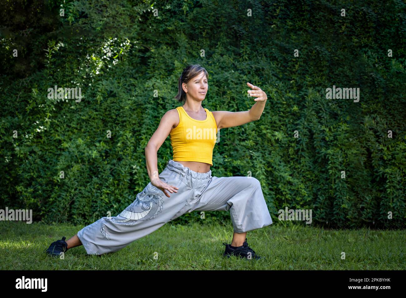 Femme pratiquant le tai chi à l'extérieur. Femme combine la pratique du Chi Kung et des arts martiaux chinois dans un cadre naturel pour améliorer sa pratique et h Banque D'Images