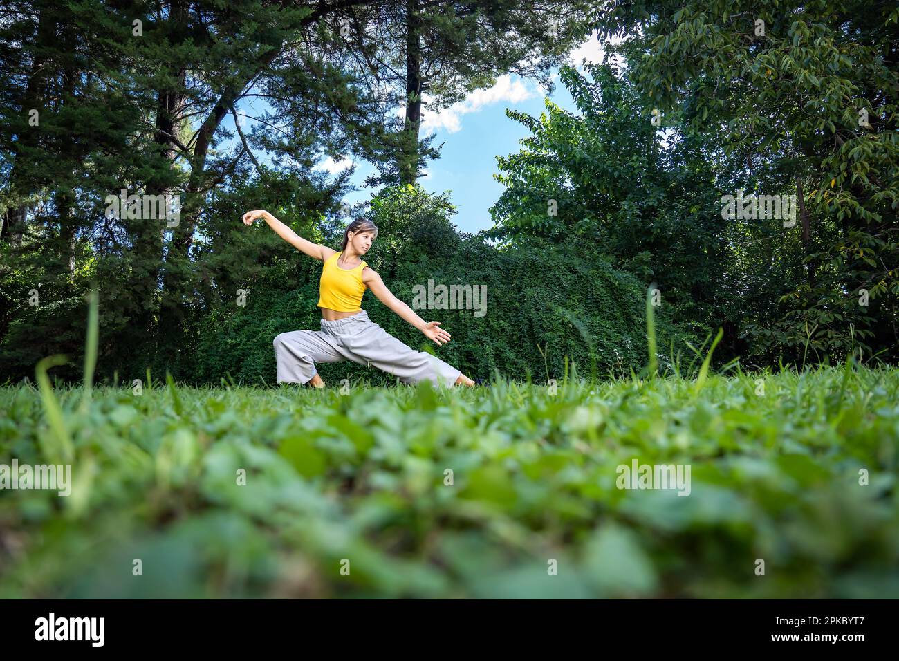Femme faisant de l'exercice qi gong tai chi. Une femme pratique le tai chi dans la nature entouré d'arbres et d'un ciel bleu. Gros plan de l'herbe. Banque D'Images