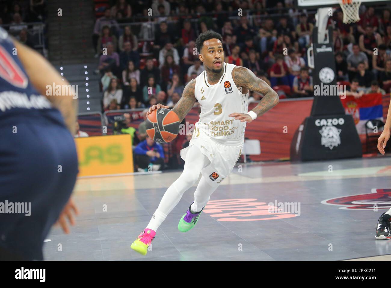 Vitoria-Gasteiz, Espagne, 06th avril 2023: Le joueur de LDLC ASVEL Villeurbanne, Dee Bost avec le ballon lors du match de 33rd de l'Euroligue 2022-23 régulière des compagnies aériennes turques entre Cazoo Baskonia Vitoria-Gasteiz et LDLC ASVEL Villeurbanne, sur 6 avril 2023, à l'arène Buesa à Vitoria, en Espagne. Credit: Alberto Brevers / Alay Live News Banque D'Images