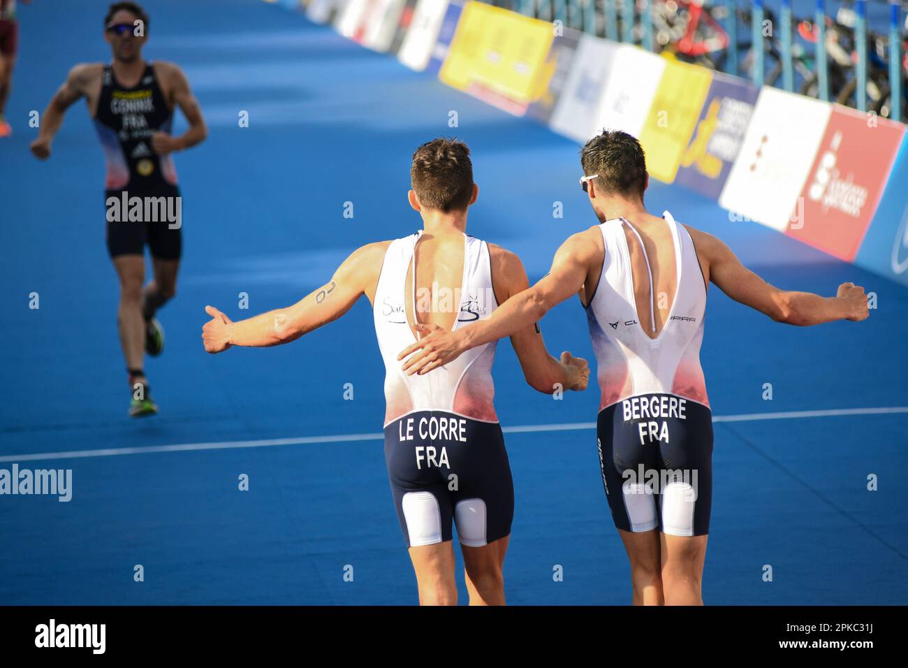 Leo Bergère (Or), Pierre le Corre (argent), Dorian Coninx (Bronze) de France, Triathlon Men. Championnats d'Europe Munich 2022 Banque D'Images