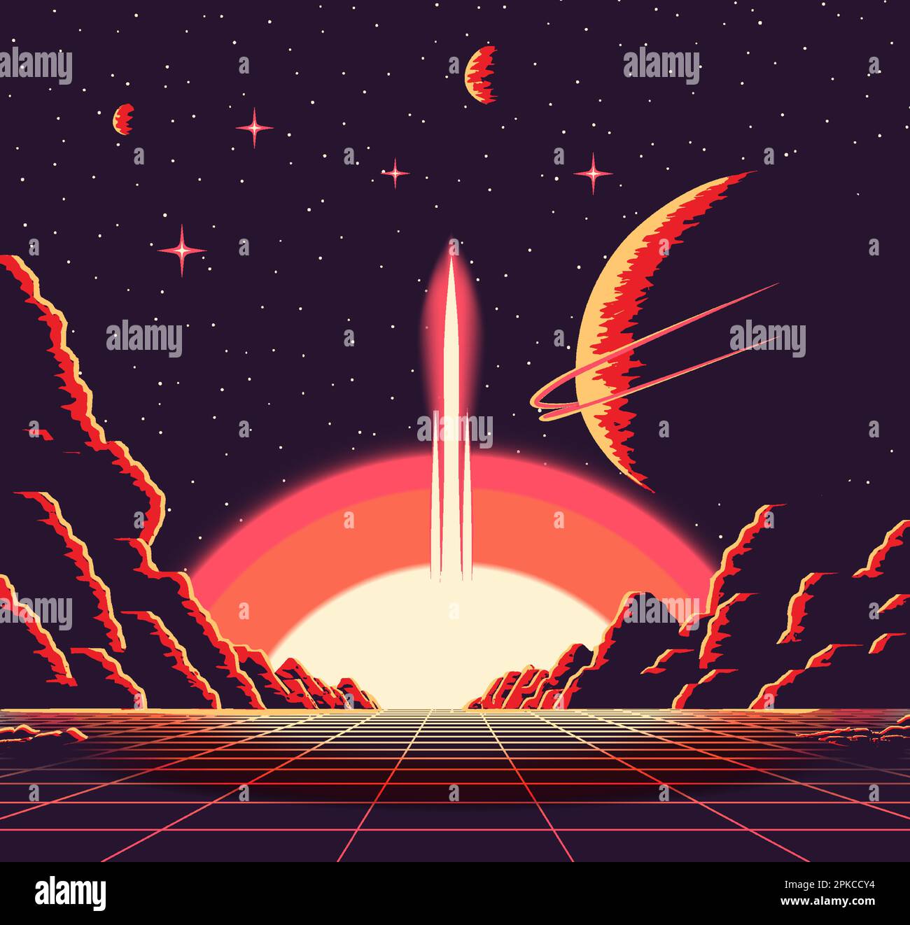 Paysage avec montagnes et château de science-fiction sur une planète lointaine. Lever de soleil futuriste rétro dans le style de l'ère atomique 80s. Illustration de Vecteur