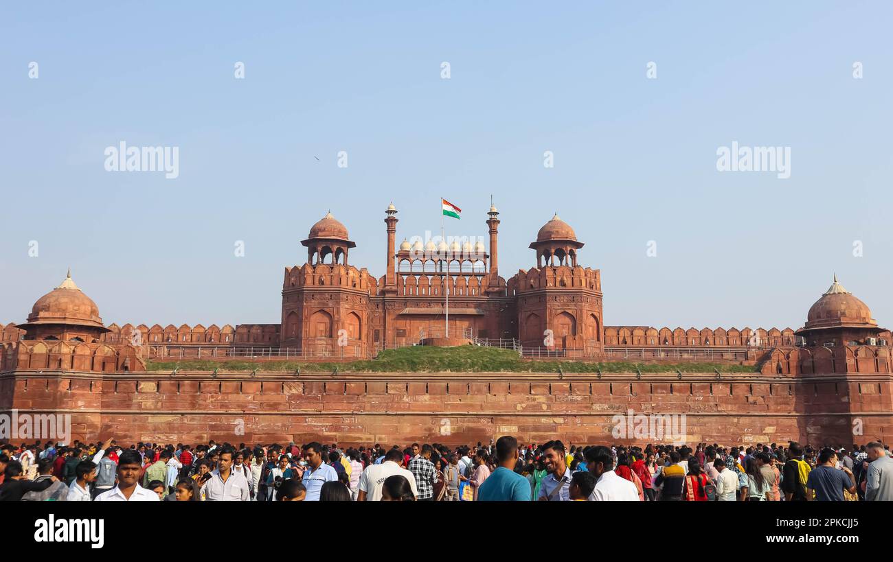 Belle vue du fort Rouge, vieux Delhi, Lal Qila, fort construit par l'empereur moghol, Delhi, Inde. Banque D'Images