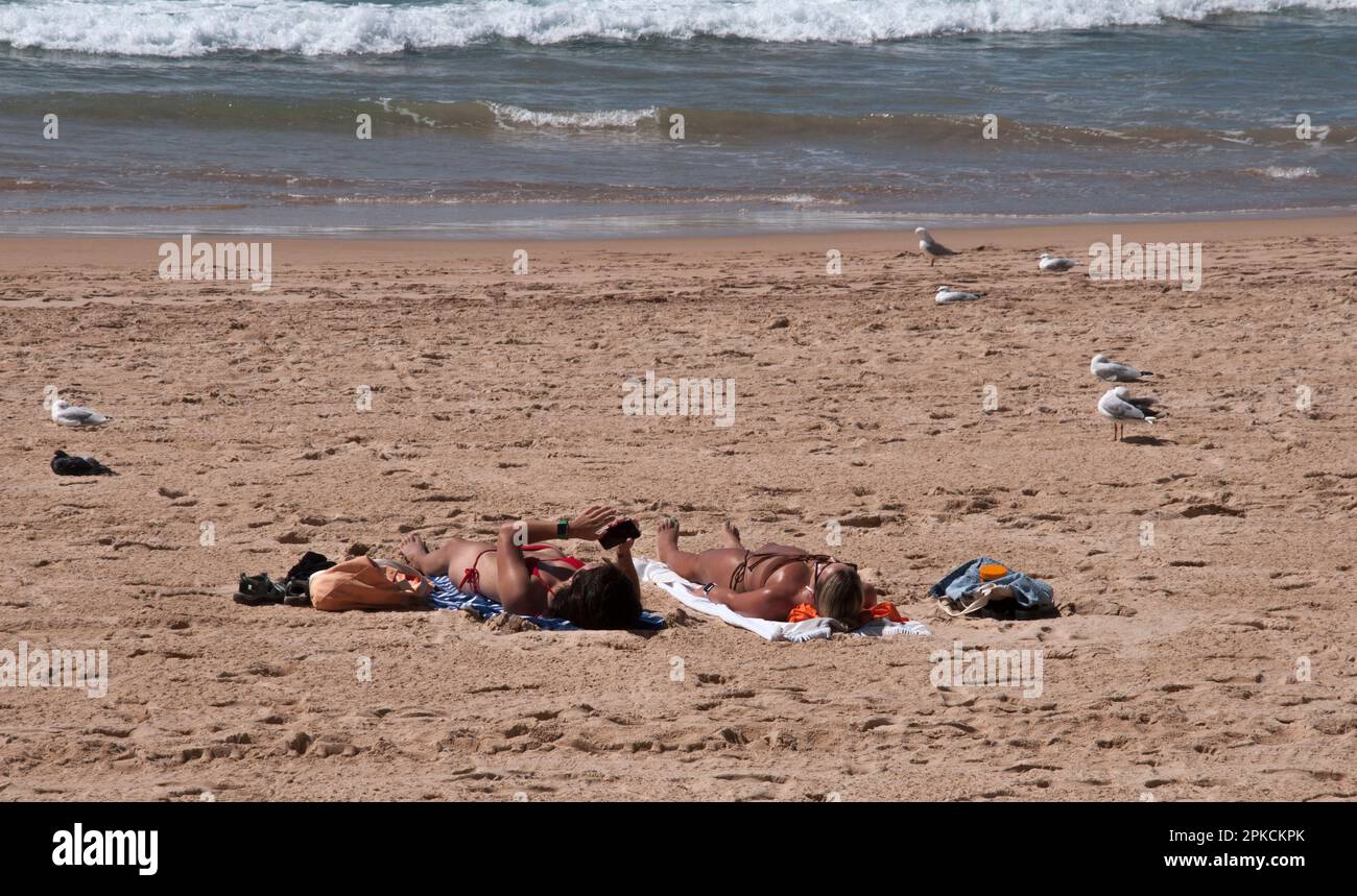 Femmes prenant un bain de soleil sur la plage à Manly, Sydney, Nouvelle-Galles du Sud, Australie Banque D'Images